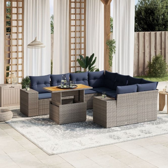 9-tlg. Garten-Sofagarnitur mit Kissen Schwarz Poly Rattan