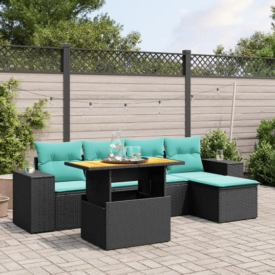 6-tlg. Garten-Sofagarnitur mit Kissen Schwarz Poly Rattan