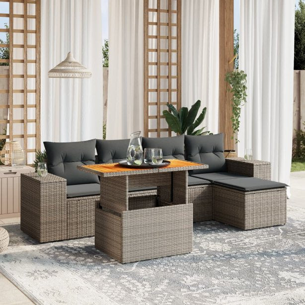 6-tlg. Garten-Sofagarnitur mit Kissen Schwarz Poly Rattan
