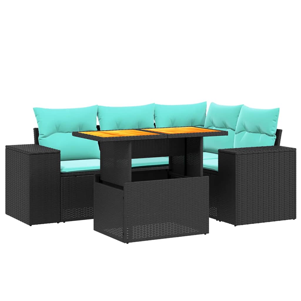 5-tlg. Garten-Sofagarnitur mit Kissen Schwarz Poly Rattan