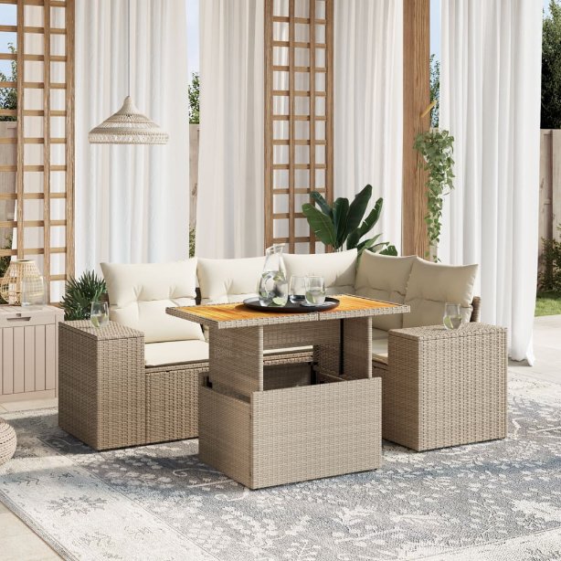 5-tlg. Garten-Sofagarnitur mit Kissen Schwarz Poly Rattan