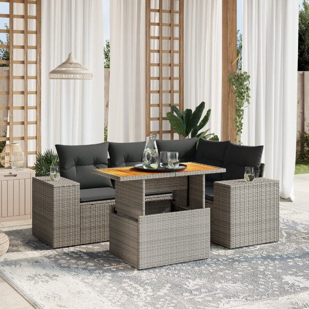 5-tlg. Garten-Sofagarnitur mit Kissen Schwarz Poly Rattan