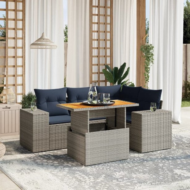 5-tlg. Garten-Sofagarnitur mit Kissen Schwarz Poly Rattan