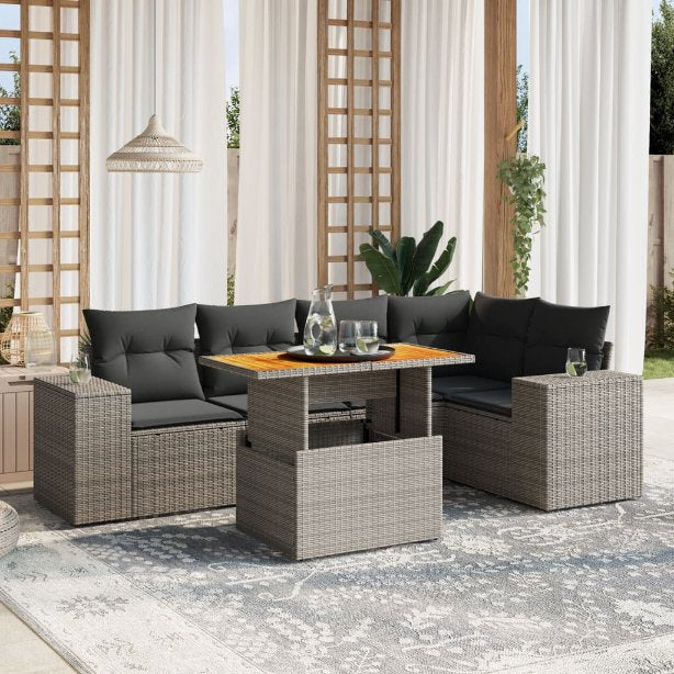 6-tlg. Garten-Sofagarnitur mit Kissen Schwarz Poly Rattan
