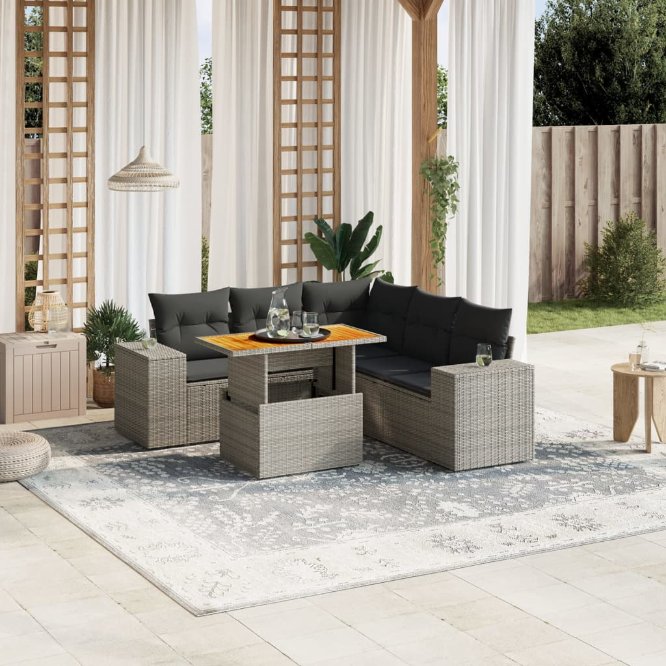 6-tlg. Garten-Sofagarnitur mit Kissen Schwarz Poly Rattan