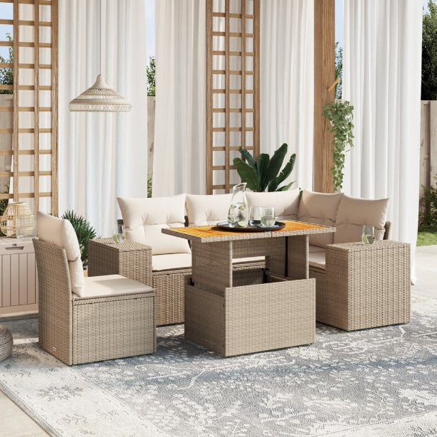 6-tlg. Garten-Sofagarnitur mit Kissen Schwarz Poly Rattan