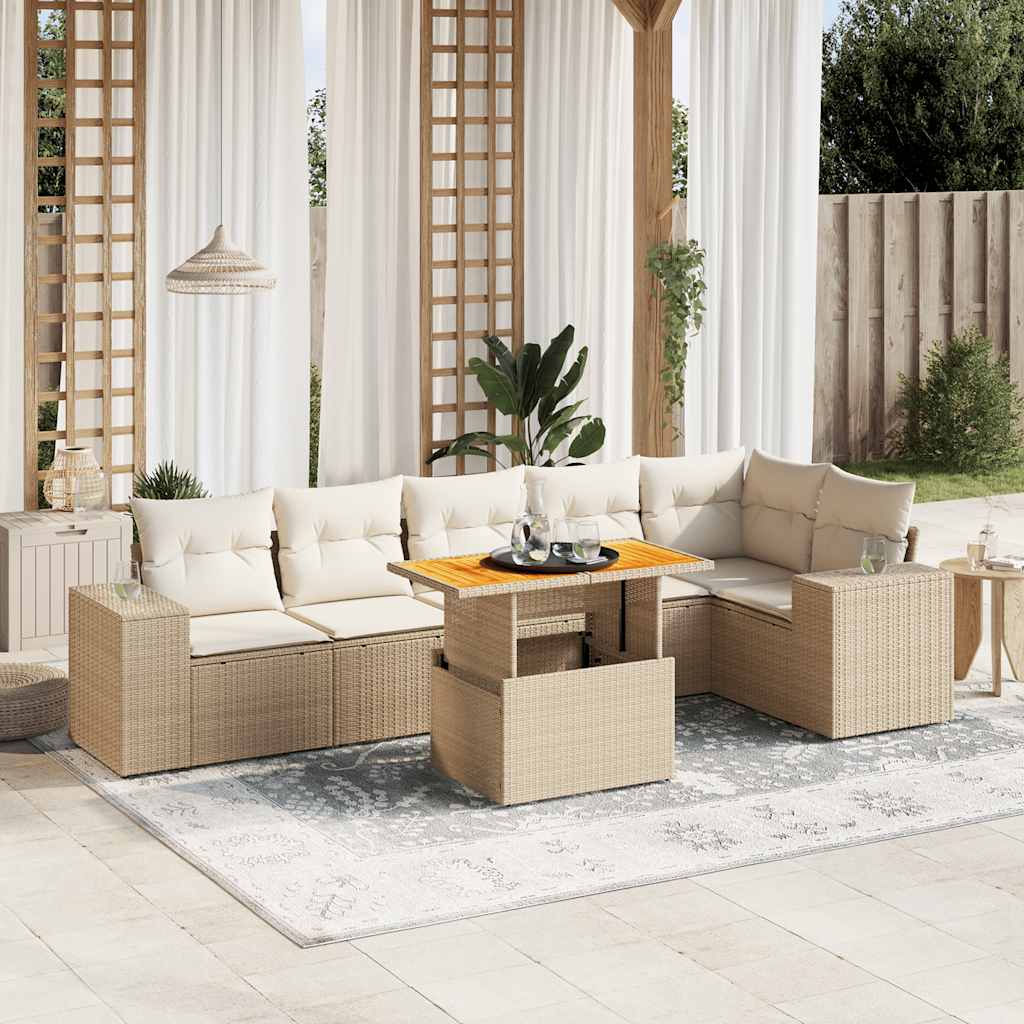 7-tlg. Garten-Sofagarnitur mit Kissen Schwarz Poly Rattan