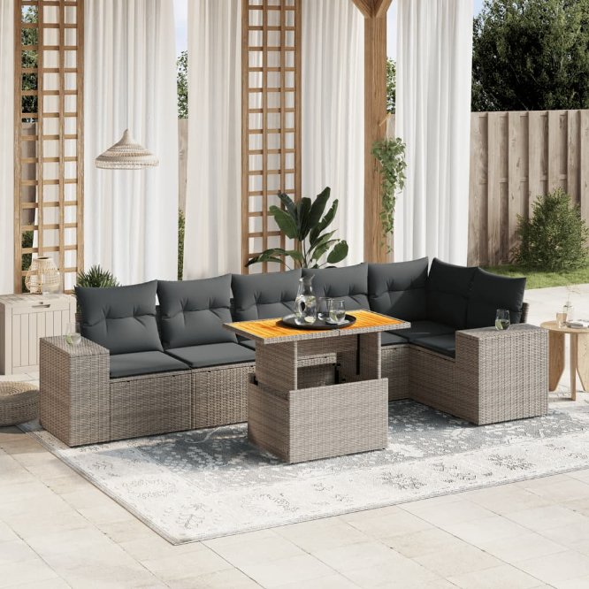 7-tlg. Garten-Sofagarnitur mit Kissen Schwarz Poly Rattan