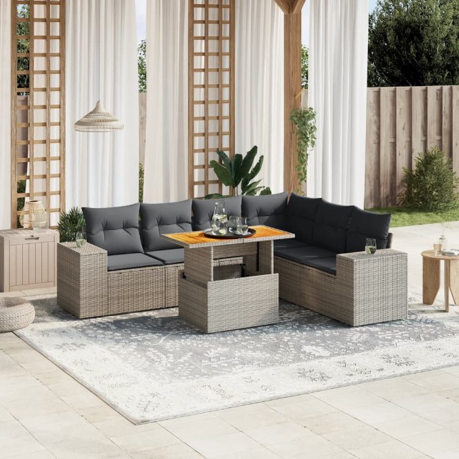 7-tlg. Garten-Sofagarnitur mit Kissen Schwarz Poly Rattan