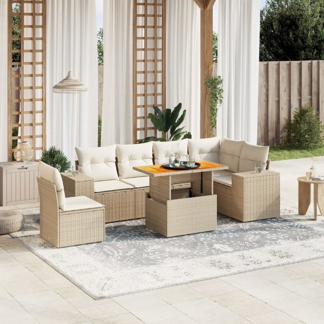 7-tlg. Garten-Sofagarnitur mit Kissen Schwarz Poly Rattan