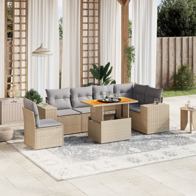 7-tlg. Garten-Sofagarnitur mit Kissen Schwarz Poly Rattan