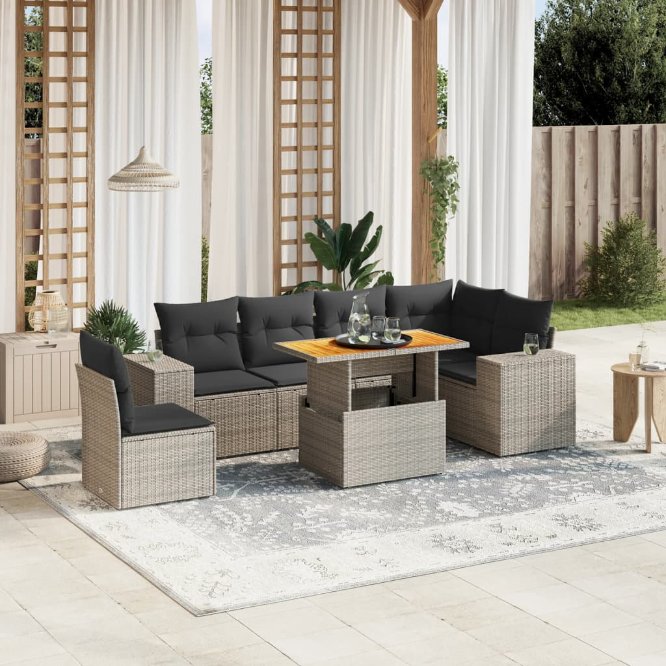 7-tlg. Garten-Sofagarnitur mit Kissen Schwarz Poly Rattan