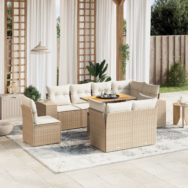 9-tlg. Garten-Sofagarnitur mit Kissen Schwarz Poly Rattan
