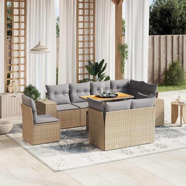9-tlg. Garten-Sofagarnitur mit Kissen Schwarz Poly Rattan