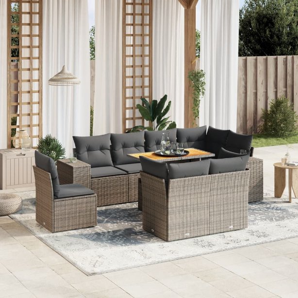 9-tlg. Garten-Sofagarnitur mit Kissen Schwarz Poly Rattan