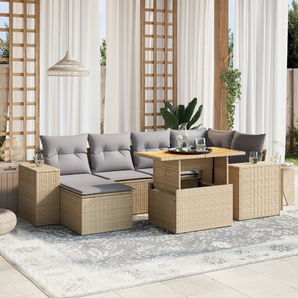 7-tlg. Garten-Sofagarnitur mit Kissen Schwarz Poly Rattan