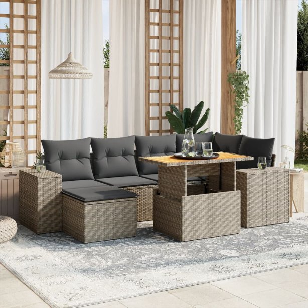 7-tlg. Garten-Sofagarnitur mit Kissen Schwarz Poly Rattan