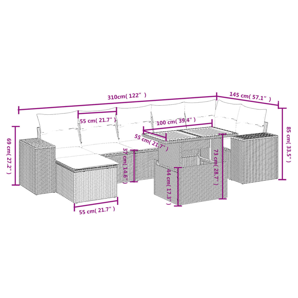 8-tlg. Garten-Sofagarnitur mit Kissen Schwarz Poly Rattan