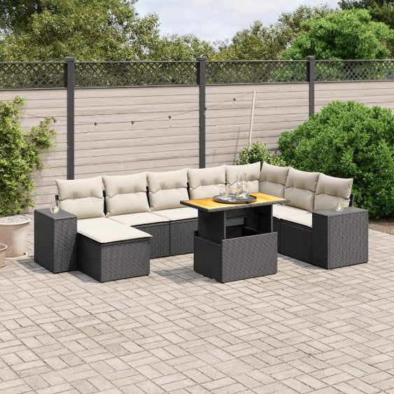 9-tlg. Garten-Sofagarnitur mit Kissen Schwarz Poly Rattan