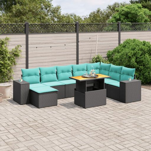 9-tlg. Garten-Sofagarnitur mit Kissen Schwarz Poly Rattan