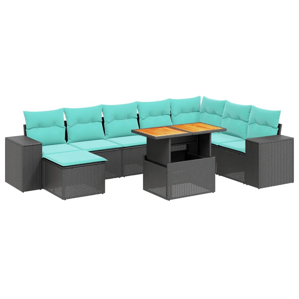 9-tlg. Garten-Sofagarnitur mit Kissen Schwarz Poly Rattan
