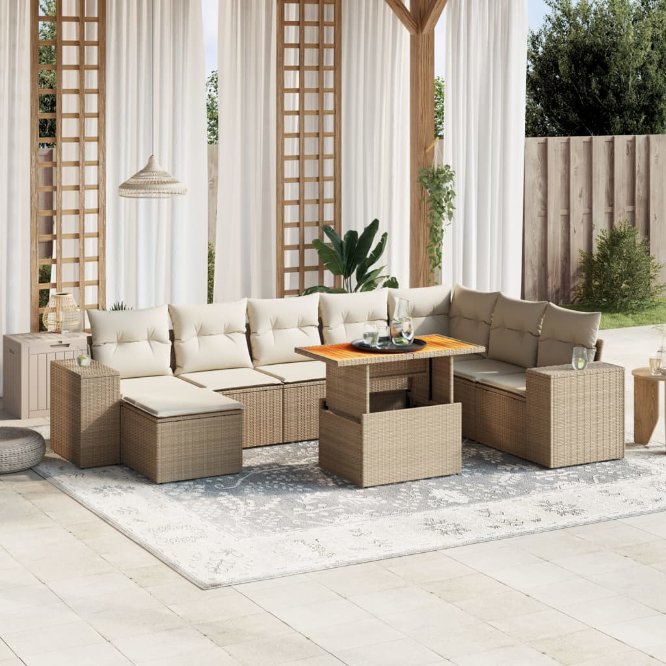 9-tlg. Garten-Sofagarnitur mit Kissen Schwarz Poly Rattan