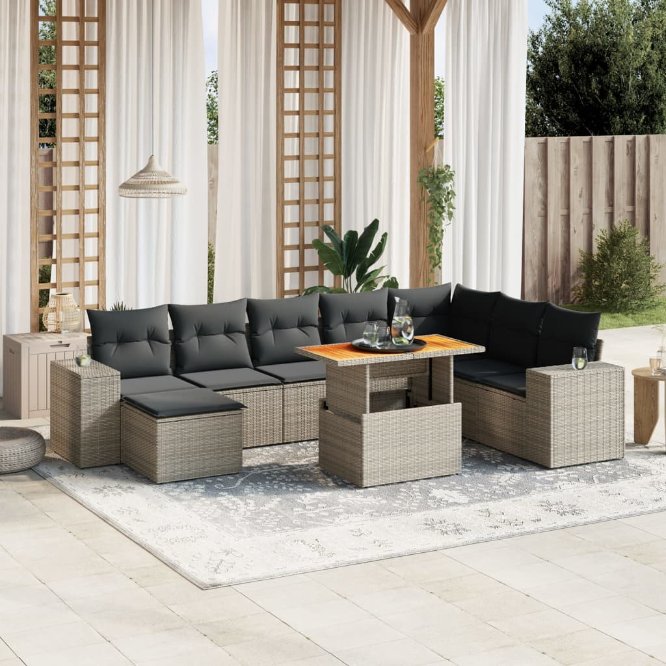 9-tlg. Garten-Sofagarnitur mit Kissen Schwarz Poly Rattan