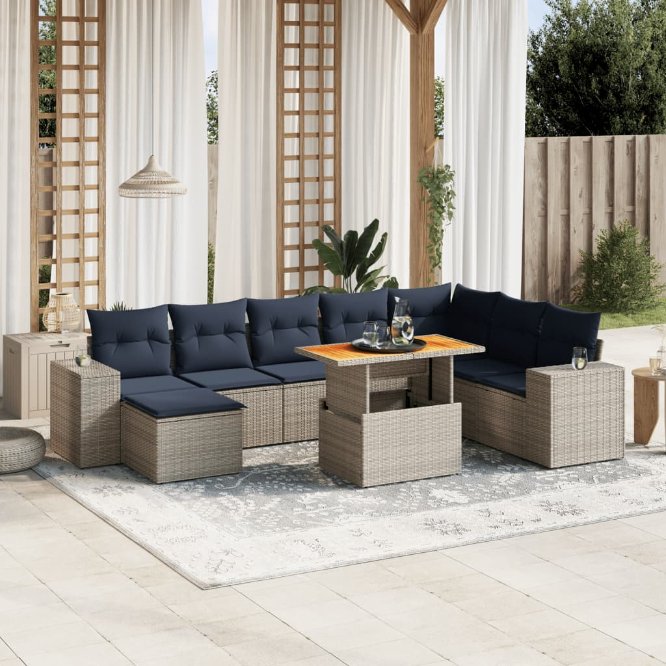 9-tlg. Garten-Sofagarnitur mit Kissen Schwarz Poly Rattan