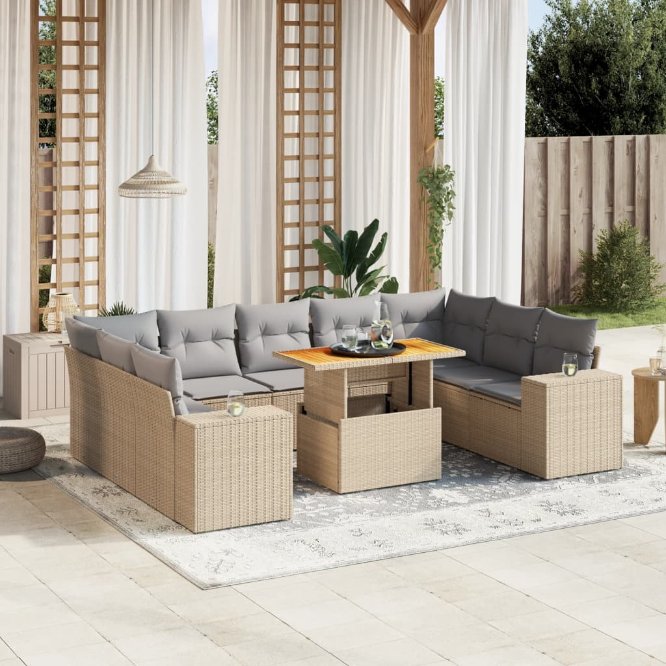 vidaXL 10-tlg. Garten-Sofagarnitur mit Kissen Schwarz Poly Rattan