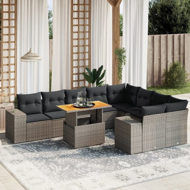 vidaXL 10-tlg. Garten-Sofagarnitur mit Kissen Schwarz Poly Rattan