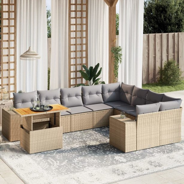 vidaXL 10-tlg. Garten-Sofagarnitur mit Kissen Schwarz Poly Rattan