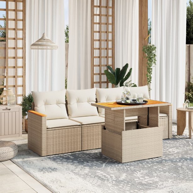 5-tlg. Garten-Sofagarnitur mit Kissen Schwarz Poly Rattan