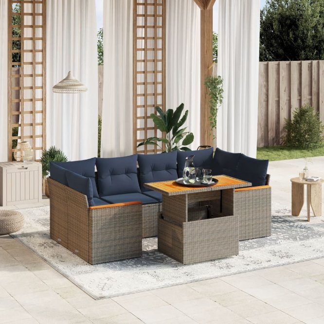 7-tlg. Garten-Sofagarnitur mit Kissen Schwarz Poly Rattan