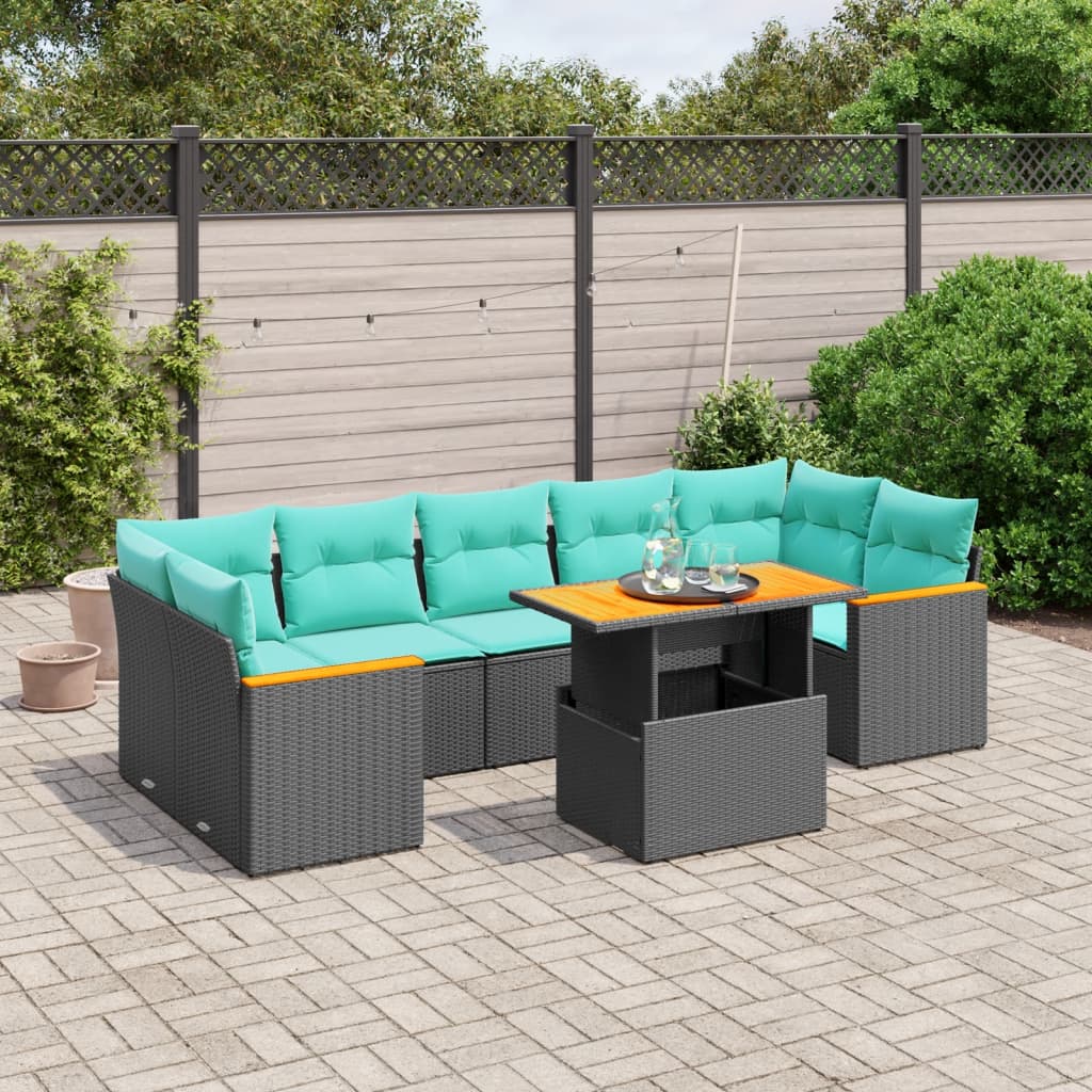 8-tlg. Garten-Sofagarnitur mit Kissen Schwarz Poly Rattan