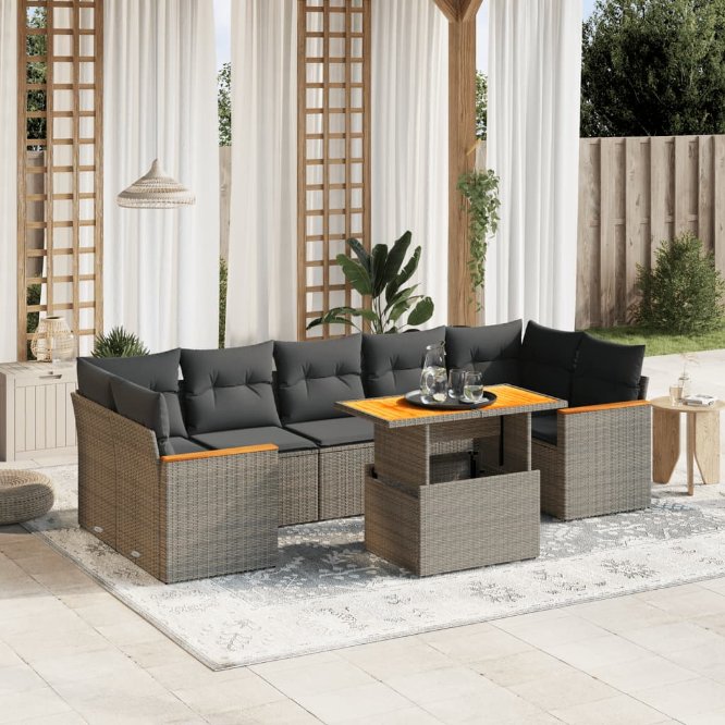 8-tlg. Garten-Sofagarnitur mit Kissen Schwarz Poly Rattan