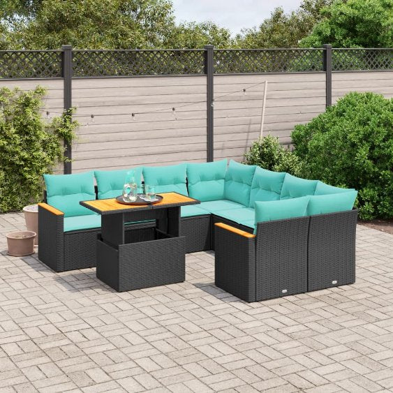 9-tlg. Garten-Sofagarnitur mit Kissen Schwarz Poly Rattan