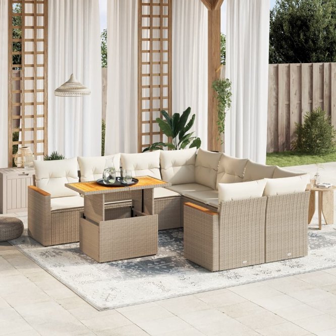 9-tlg. Garten-Sofagarnitur mit Kissen Schwarz Poly Rattan