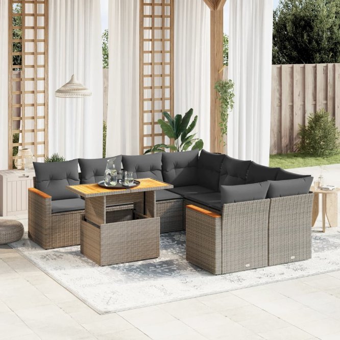 9-tlg. Garten-Sofagarnitur mit Kissen Schwarz Poly Rattan