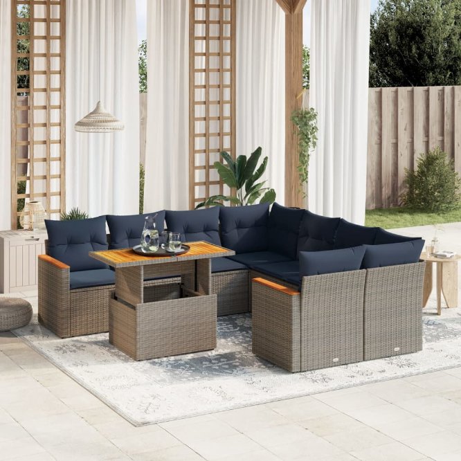 9-tlg. Garten-Sofagarnitur mit Kissen Schwarz Poly Rattan