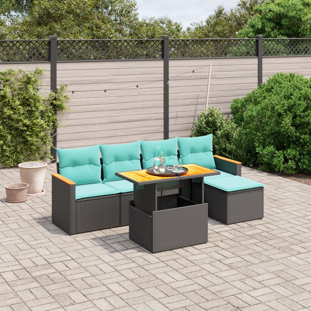 6-tlg. Garten-Sofagarnitur mit Kissen Schwarz Poly Rattan