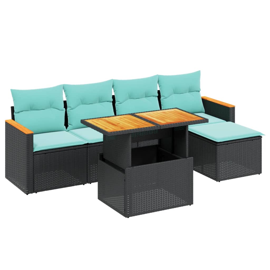 6-tlg. Garten-Sofagarnitur mit Kissen Schwarz Poly Rattan