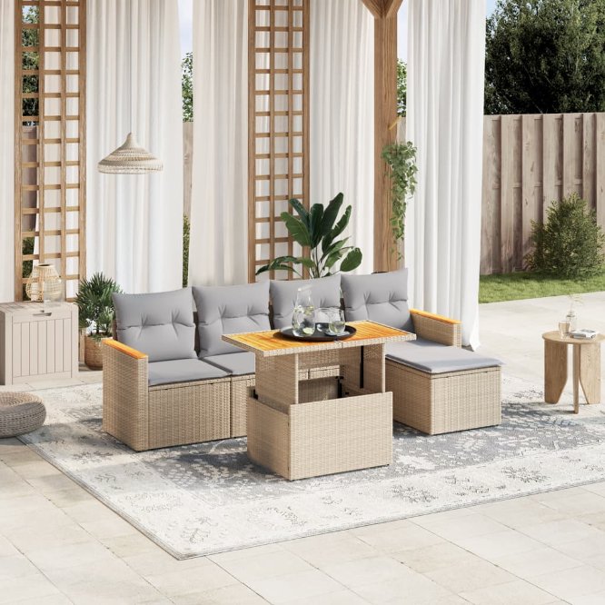 6-tlg. Garten-Sofagarnitur mit Kissen Schwarz Poly Rattan