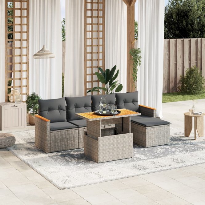 6-tlg. Garten-Sofagarnitur mit Kissen Schwarz Poly Rattan