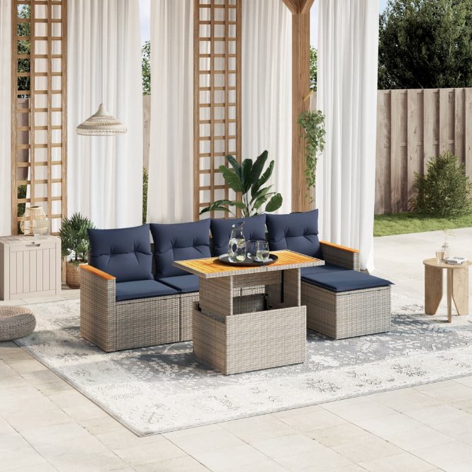 6-tlg. Garten-Sofagarnitur mit Kissen Schwarz Poly Rattan