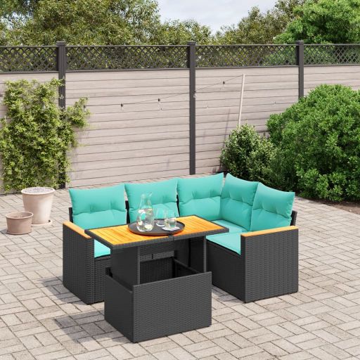 5-tlg. Garten-Sofagarnitur mit Kissen Schwarz Poly Rattan