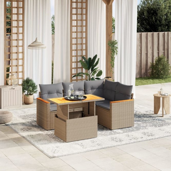 5-tlg. Garten-Sofagarnitur mit Kissen Schwarz Poly Rattan