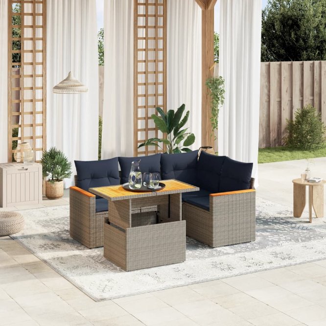 5-tlg. Garten-Sofagarnitur mit Kissen Schwarz Poly Rattan