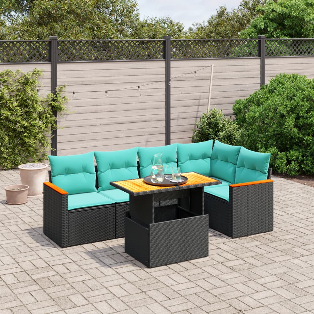 6-tlg. Garten-Sofagarnitur mit Kissen Schwarz Poly Rattan