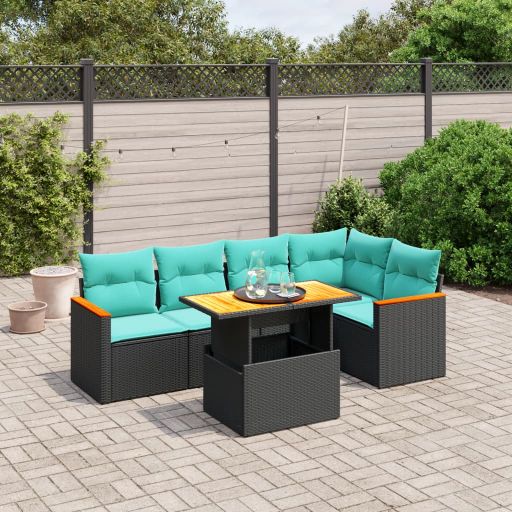 6-tlg. Garten-Sofagarnitur mit Kissen Schwarz Poly Rattan