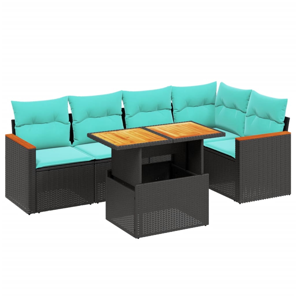 6-tlg. Garten-Sofagarnitur mit Kissen Schwarz Poly Rattan